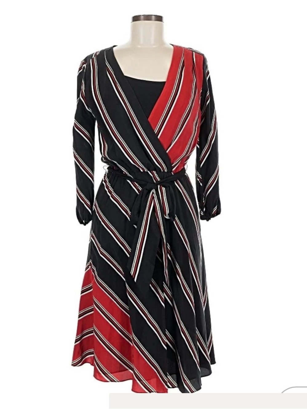 WHBM 100% SILK Black, Red & White Striped Wrap Midi Dress